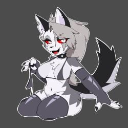 1girls anthro bottomless_female breasts collar elbow_gloves female fingerless_gloves furry hellhound helluva_boss long_hair looking_at_viewer loona_(helluva_boss) open_mouth ryuuuk1 spiked_collar stockings tagme two_tone_body two_tone_fur two_tone_tail wolf wolf_girl