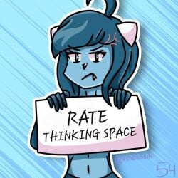 1girls ahoge anger_vein angry artist_signature blue_hair blue_skin clubette demon_girl demon_horns geometry_dash navel sign