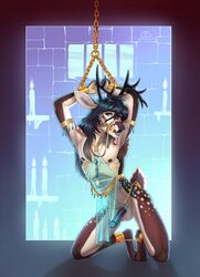 2018 anthro antlers bit_gag black_hair blue_eyes bondage bound candle cervid chains cherno_(sarkethus) fur gag gagged girly hair hi_res horn kneeling ladychimaera male mammal nipples penis solo spots spotted_fur