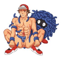 1boy abs acecream anal anal_sex ass black_eyes black_skin blue_skin brown_eyes brown_hair clenched_teeth cum cum_on_self feral half-closed_eyes hat human interspecies larger_male male male_only nintendo nipples nude one_eye_closed penis pokemon pokemon_(species) pokemon_rgby pokemon_sm pokephilia red_(pokemon) rubbing sex shoes short_hair size_difference source_request spread_legs squatting tangela tentacle tentacle_on_male tentaclejob testicles thick_thighs wet white_background yaoi