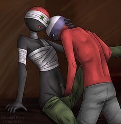 bandage bare_chest bare_shoulders blindfold blindfolded caramel_deus countryhumans gay hand_in_underwear hentai male penis porn russia_(countryhumans) stickman syria_(countryhumans)