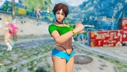 3d adnarimydeth bare_midriff capcom cosplay crop_top female female_focus female_only g-string laura_matsuda_(cosplay) navel sakura_kasugano short_shorts street_fighter street_fighter_v tagme