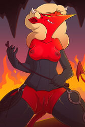 2019 2:3 5_fingers armwear biped black_eyebrows blonde_hair breasts clitoris clothed clothing corset demon detailed_background elbow_gloves eyebrows female fire front_view fuf gloves hair handcuffs handwear hell hi_res holding_object holding_whip horn kneeling legwear lingerie long_hair nipples pussy red_nipples red_pussy red_skin red_tail riding_crop shackles solo spade_tail stockings tail teeth thigh_highs whip yellow_eyes
