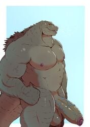 absurd_res anthro balls big_penis dinosaur godzilla godzilla_(series) half-erect hi_res humanoid_penis male male_only muscular muscular_male nude open_mouth pecs penis reptile scalie serex simple_background smile solo standing thick_penis toho uncut vein veiny_penis