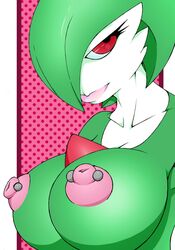 1girls anthro anthrofied areolae big_breasts big_lips big_nipples breasts breasts_out clarabellecrow close-up erect_nipples eye_contact eyelashes female female_only gardevoir green_hair green_skin hair_over_one_eye half-closed_eyes huge_breasts large_breasts lips looking_at_viewer nintendo nipple_piercing nipples piercing piercings pink_background pink_skin pokemon pokemon_(species) pokemon_rse red_eyes short_hair solo source_request topless white_border white_skin