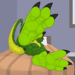 1:1 2019 3_toes 3dinoz anthro anus balls bed bed_sheet bedding claws dinosaur erection foot_focus green_skin humanoid_penis looking_at_viewer lying male male_only multicolored_skin nipples nude on_side orange_eyes pecs penis pillow plantigrade presenting reptile scalie smile solo theropod toe_claws toes two_tone_skin tyrannosaurid tyrannosaurus tyrannosaurus_rex