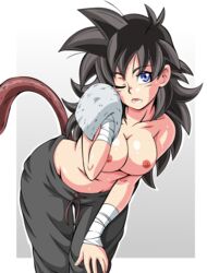 1girls areolae bandage belly bent_over black_hair black_pants blue_eyes breasts character_request clothed dragon_ball dragon_ball_xenoverse dragon_ball_z edit fan_character female female_only female_saiyan lewdamone long_hair looking_at_viewer myra_(steedoj) navel nipples oc one_eye_closed open_mouth original_character pants saiyan saiyan_tail source_request spiky_hair sportswear sweat sweatdrop sweatpants tail thigh_gap topless wet white_background wide_hips