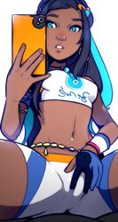 1girls abs areolae ass belly blue_eyes blue_hair breasts clothed dark-skinned_female dark_skin dave_cheung earrings eyelashes female female_only gloves human long_hair looking_away midriff navel necklace nessa_(pokemon) nintendo nipples pokemon pokemon_ss selfie sitting sketch small_breasts solo solo_female source_request spread_legs thick_thighs white_background