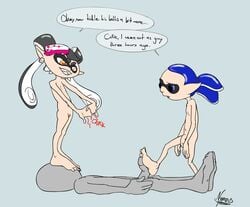 anthro bisexual_male callie_(splatoon) cephalopod cephalopod_humanoid cracking_knuckles cum dialogue ejaculation faceless_male feet feet_on_face female femdom foot_fetish foot_worship footjob gay heart human humanoid inkling inkling_boy inkling_girl john_(splatoon) looking_down male mask_(marking) nintendo nymous pointy_ears small_breasts speech_bubble splatoon squid squid_sisters standing standing_footjob sweat tentacle tentacle_hair text toes video_games