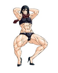 1girls abs attack_on_titan big_breasts black_eyes black_hair blush busty clothed clothed_female clothes clothing curvy eyelashes female female_only front_view fully_clothed high_heels hourglass_figure human looking_at_viewer midriff mikasa_ackerman muscle muscular muscular_female negoto_(nego6) pose posing scaff shiny shiny_skin short short_hair simple_background solo spread_legs spreading standing thick_thighs uncensored voluptuous white_background wide_hips