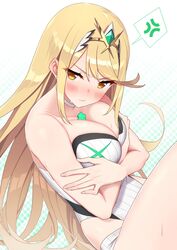 1girls absurdres anger_vein baffu bangs bare_shoulders blonde_hair blush breast_hold breasts choker cleavage closed_mouth collarbone female gem hands_on_own_chest headpiece highleg highleg_swimsuit highres large_breasts long_hair looking_at_viewer mythra_(xenoblade) nintendo one-piece_swimsuit solo spoken_anger_vein swept_bangs swimsuit thighs tiara very_long_hair white_swimsuit xenoblade_(series) xenoblade_chronicles_2 yellow_eyes