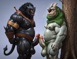 2boys aaarrrgghh ai_generated balls bara belly big_balls big_muscles big_pecs big_penis big_testicles black_body booster_rex bular erect_nipples erect_penis erection feet_out_of_frame from_side furry furry_male gay horns large_pectorals looking_at_viewer male male_focus muscles muscular muscular_male navel nipples nsfw nude nudity pecs pectorals penis plump red_eyes tail testicles thick_thighs trollhunters uncensored