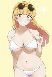 1girls bangs barkhorn0331 big_breasts bikini bikini_bottom bikini_top blonde_hair blush breasts collarbone cowboy_shot drill_hair female female_focus female_only green_eyes grin heanna_sumire hi_res large_breasts light_blush light_skin light_yellow_background long_hair looking_at_viewer love_live! love_live!_superstar!! navel pinup simple_background smile solo solo_female solo_focus star sunglasses swimsuit teeth white_bikini yellow_background