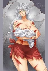 1girls baby blood breastfeeding green_eyes ham121ham huge_breasts mother_and_child nipples not_porn silver_hair torn_clothes white_hair wholesome