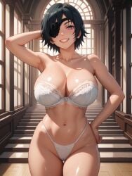 ai_generated big_breasts black_hair chainsaw_man eyepatch hand_on_hip himeno_(chainsaw_man) isogil short_hair white_bra white_panties white_underwear