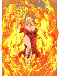 blonde_hair cleavage collar dress elf fiery_wings fire fire_manipulation full_lips glowing_eyes ham121ham huge_breasts lipstick looking_at_viewer open_toe_shoes red_dress smiling smiling_at_viewer staff thick_thighs toes wide_hips yellow_eyes