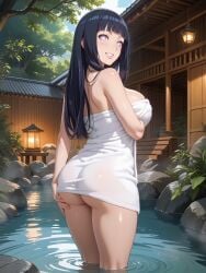 ai_generated ass big_ass big_breasts black_hair hot_spring huge_ass huge_breasts hyuuga_hinata isogil long_hair naruto naruto_(series) onsen standing_in_water towel water white_eyes