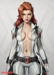 ai_generated black_widow_(marvel) black_widow_(marvel_rivals) bubbleteexl gooning marvel_rivals natasha_romanoff unzipped_bodysuit white_shirt