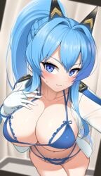 blue_lingerie blush closed_mouth goddess_of_victory:_nikke hand_on_breast helm_(nikke) huge_breasts lace_trim lingerie looking_to_the_side mirror_reflection mirror_selfie nervous pov reaching_out shy sweatdrop taking_selfie