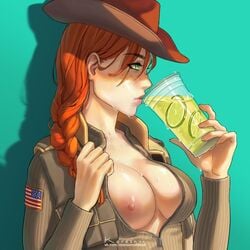 1girls ash_(rainbow_six) breasts breasts_out cleavage female female_only freckles green_eyes korezky partially_clothed rainbow_six rainbow_six_siege red_hair sweat tagme tom_clancy