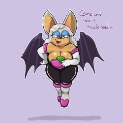 anthro bat between_breasts chaos_emerald glying large_breasts leaning_forward presenting_breasts pulling_clothing rouge_the_bat slightly_chubby sonic_(series) suggestive taunting