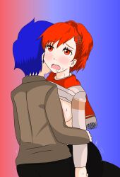 arisato_minato blue_hair blush drool ear female_protagonist_(persona_3) hugging kotone_shiomi makoto_yuki maoukouichi megami_tensei minato_arisato mouth_open orange_hair persona persona_3 persona_3_portable red_and_blue_background red_eyes scarf shiomi_kotone shirt_lift short_hair winter_clothes