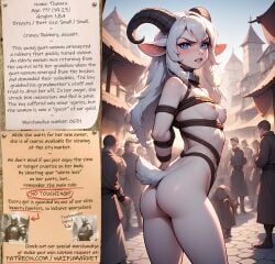 ai_generated angry anime blue_eyes bondage bounty_hunters collar edited fantasy female fictional goat horns market naked nude photoshop roleplay ropes slave slavegirl slavery small_ass small_boobs small_booty small_breasts small_butt small_tits tail waifu white_hair