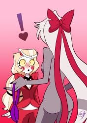 blush bra canon_couple charlie_morningstar_(hazbin_hotel) completely_nude hazbin_hotel long_hair purple_bra ribbon vaggie_(hazbin_hotel)