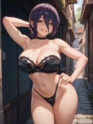 ai_generated black_bra black_panties black_underwear chainsaw_man choker hand_on_hip isogil purple_hair reze_(chainsaw_man) sexy_pose thong