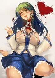 ahe_gao blood blood_puddle bloody_tears blue_skirt clothed crying crying_with_eyes_open death decapitation female_death green_hair guro large_breasts legs_up long_hair navel peace_sign sanae_kochiya school_uniform schoolgirl skirt smile teal_eyes thick_thighs touhou wide_sleeves