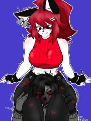 black_eyes blush blush crushed_by_thighs cute eyeliner female gloves gripping_thighs head_between_thighs heart-shaped_pupils jeans male mask nosebleed oc original_character red_eyes red_hair red_topwear roblox robot thighs thunder_thighs valenz15 white_skin