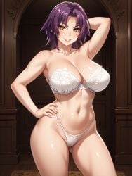 ai_generated azuma_marina big_breasts isogil kashidashi_tsuma_marina_no_"netorase"_houkoku_binkan_tsuma_to_zetsurin_daigakusei looking_at_viewer purple_hair sexy_pose white_bra white_panties white_underwear yellow_eyes