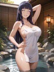 ai_generated ass big_ass big_breasts black_hair hot_spring huge_ass huge_breasts hyuuga_hinata isogil long_hair naruto naruto_(series) onsen standing_in_water towel water white_eyes