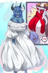 black_lipstick black_sclera blue_hair blue_skin cleavage demon demon_girl dress energy_wings full_lips gigantic_breasts ham121ham horns huge_breasts loose_clothes pointy_ears red_skin silver_eyes silver_hair sun_hat sunglasses