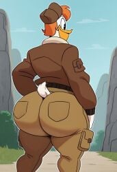 ai_generated anthro ass back_view big_ass brown_jacket cargo_pants disney duck ducktales ducktales_(2017) flight_jacket himbo himbofication huge_ass huge_butt launchpad_mcquack male male_only nai_diffusion orange_hair pilot pilot_hat pilot_uniform pockets sssonic2_(style) stable_diffusion thick_ass thick_thighs tight_clothing tight_pants white_feathers wide_hips