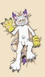 animal_suit bandai bandai_namco bedding bedding_background bedroom_eyes belly_button betsumon bulge bulge_through_clothing bulge_under_clothes cat_suit claws claws_out dakimakura dakimakura_design digital_drawing_(artwork) digital_media_(artwork) fake_animal_ears fake_ears fake_tail laying_down laying_on_back laying_on_bed lyrrlunalarr male male_only non-human outie_navel pawpads paws suit toony