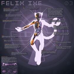 abstract_background alien anatomy anthro cybernetics cyborg digitigrade english_text felid feline felix_ixe green_eyes hi_res machine male mammal model_sheet silhouette solo tattorack text x-ray_view