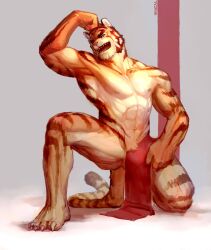 1boy abs animal_ears bara bulge flexing full_body furry furry_male highres large_pectorals loincloth looking_at_viewer male_focus mature_male muscular muscular_male navel navel_hair nipples on_one_knee orange_fur original pectorals pelvic_curtain short_hair smile solo stomach tail thick_eyebrows thick_thighs thighs tiger_boy tiger_ears tiger_stripes tiger_tail topless_male wincalblanke