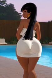 ai_generated chel_(the_road_to_el_dorado) female_only from_behind looking_at_viewer looking_back medium_breasts pool pov towel wide_hips