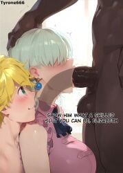 1girls 2boys big_penis cuckold dark-skinned_male dark_skin elizabeth_liones english_text fellatio female interracial large_breasts male meliodas nanatsu_no_taizai seven_deadly_sins text tyrone666