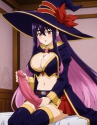 1girls ai_generated bed bed_sheet bedroom_setting bedsheets breasts dildo full_body fully_clothed large_breasts pink_dildo purple_hair sentai_red_ga_isekai_de_boukensha_ni_naru sitting sitting_on_bed thick_thighs thighhighs thighs very_long_hair witch witch_hat yihdra_arvoln