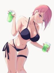 1girls big_breasts bikini breasts busty cleavage curvy drink female female_only go-toubun_no_hanayome nakano_ichika pink_hair short_hair solo uyufuzi_s waving wide_hips