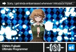 1girls ai_edit ai_generated big_breasts blush character_name cleavage closed_eyes danganronpa danganronpa:_trigger_happy_havoc danganronpa_(series) edit edited edited_image edited_official_artwork edited_screencap eyelashes facing_viewer female female_focus female_only fujisaki_chihiro fully_clothed genderswap_(mtf) hands_behind_back jscammie looking_down ribbon rule_63 screencap screenshot screenshot_edit short_hair short_hair_female skirt smile solo solo_female solo_focus tagme text unbuttoned unbuttoned_shirt watermark