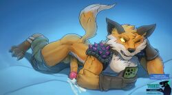 anthro balls bodily_fluids canid canine cellphone clothed clothing cum cumshot digitigrade ejaculation electronics epic_games erection fennix_(fortnite) fortnite fox genital_fluids genitals glowing glowing_eyes hands-free hi_res lying male male_focus male_only mammal masturbation muscular muscular_male on_front partially_clothed penile penile_masturbation phone smartphone solo todex true_fox