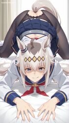1girls ahoge ai ai_art ai_generated all_fours anal anal_access anal_object_insertion anal_only anal_only_panties anal_tail animal_ears ass ass_cutout backless_panties bed bed_sheet bedroom black_legwear black_panties black_pantyhose blue_eyes blue_sailor_collar blue_skirt butt_plug clothed clothed_female clothing crotchless crotchless_panties curtains day fake_tail female female_only grin hair_between_eyes horse_ears horse_girl horse_tail indoors lace_panties legwear light-skinned_female light_skin long_hair long_sleeves looking_at_viewer multicolored_hair neckerchief object_insertion oguri_cap_(umamusume) on_bed panties pantsu pantyhose pleated_skirt red_neckerchief sailor_collar school_uniform serafuku sex_toy shaded_face shirt skirt smile solo solo_female tail tail_through_clothes thighband_pantyhose top-down_bottom-up torn_pantyhose two-tone_hair umamusume umamusume:_cinderella_gray umamusume_pretty_derby underwear uniform white_hair white_shirt