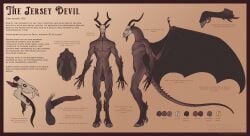 animal_genitalia anthro black_membrane bone brown_body claws cryptid digitigrade english_text erection fully_sheathed genital_piercing genitals glans_piercing hi_res hooves horn hybrid_genitalia hybrid_penis jersey_devil long_penis long_tail long_tongue looking_aside looking_at_viewer male membrane_(anatomy) membranous_wings model_sheet navel nipples nude penis penis_piercing piercing sheath skull skull_head solo spiked_tail spikes spikes_(anatomy) tail text tongue vicekillx wing_claws wings