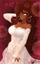 1girls auburn_hair black_lipstick blush dark-skinned_female dark_skin heart hoop_earrings lacy_dress large_breasts lipstick long-sleeved_dress long_hair long_sleeves mole mole_on_breast mole_on_face muffinknight patreon patreon_username roxy_(muffinknight) shoulderless_dress valentine's_day wedding_band wedding_dress wedding_ring white_dress wide_hips yellow_eyes