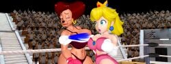 2girls 3d anthro big_breasts blonde_hair boxing boxing_gloves boxing_ring bra breasts brown_hair catfight crossover doyle44 eastern_and_western_character female_focus female_only fight fighting fighting_ring furry goof_troop huge_breasts large_breasts lingerie long_hair mario_(series) panties peg_pete princess_peach punch punching punching_face short_hair wide_hips