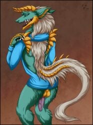 capcom clothing fanged_wyvern fluffy fur furry hi_res horn hybrid kaiser_aurora meme meme_clothing monster_hunter sergal sweater teal_body teal_eyes teal_fur topwear virgin_killer_sweater white_body white_fur zinogre