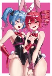 2girls absurdres animal_ears blue_hair border clothing_cutout commentary drill_hair hand_on_own_hip hatsune_miku heart_cutout highres hu2924 kasane_teto multiple_girls open_mouth pink_background playboy_bunny rabbit_ears rabbit_hole_(vocaloid) red_eyes red_hair short_twintails teardrop_facial_mark twin_drills twintails utau vocaloid white_border